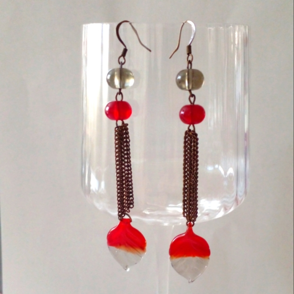 Autumn Red Glass Leaves Tassel Like Chain Dangle Earrings